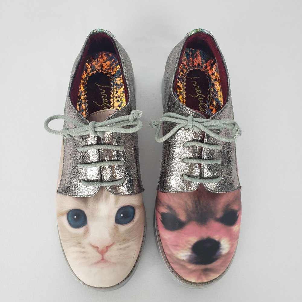 Metallic Silver Cat and Dog Print Women's Shoes